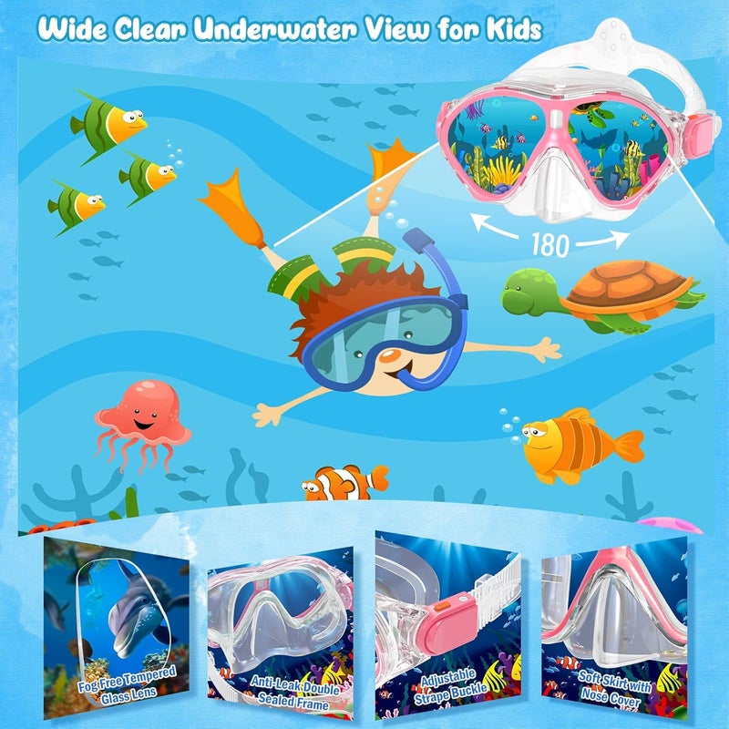 Seovediary Kids Snorkel Set, Mask Fins Snorkeling Gear for Kids Anti-Fog Swim Goggles 180 Panoramic View Dry Top Snorkel and Dive Flippers Combo with Travel Bag for Snorkeling Training Swimming Diving - Image 2